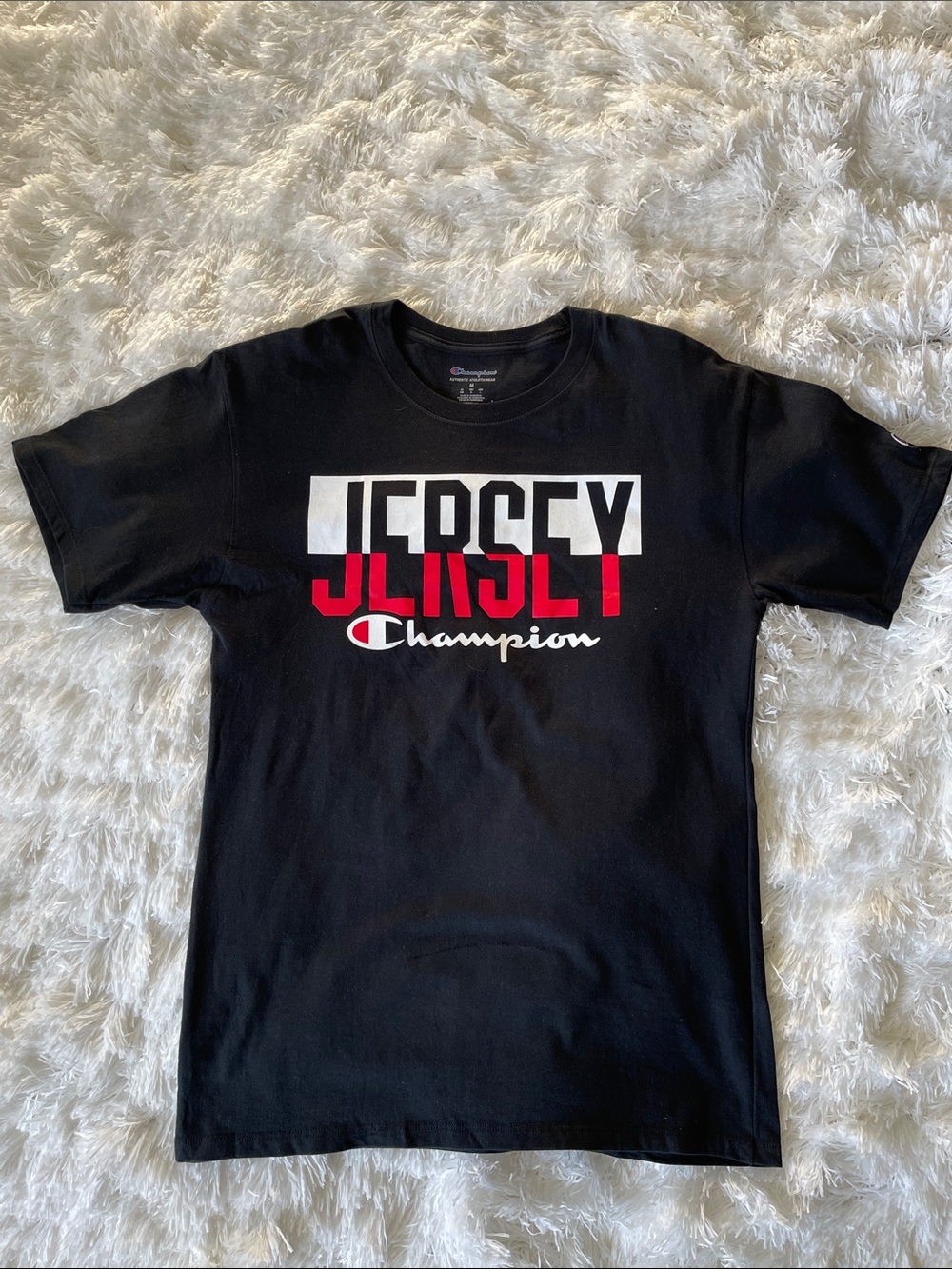 Men’s Champion Black Short-Sleeve Tee with Red & White Jersey Graphic